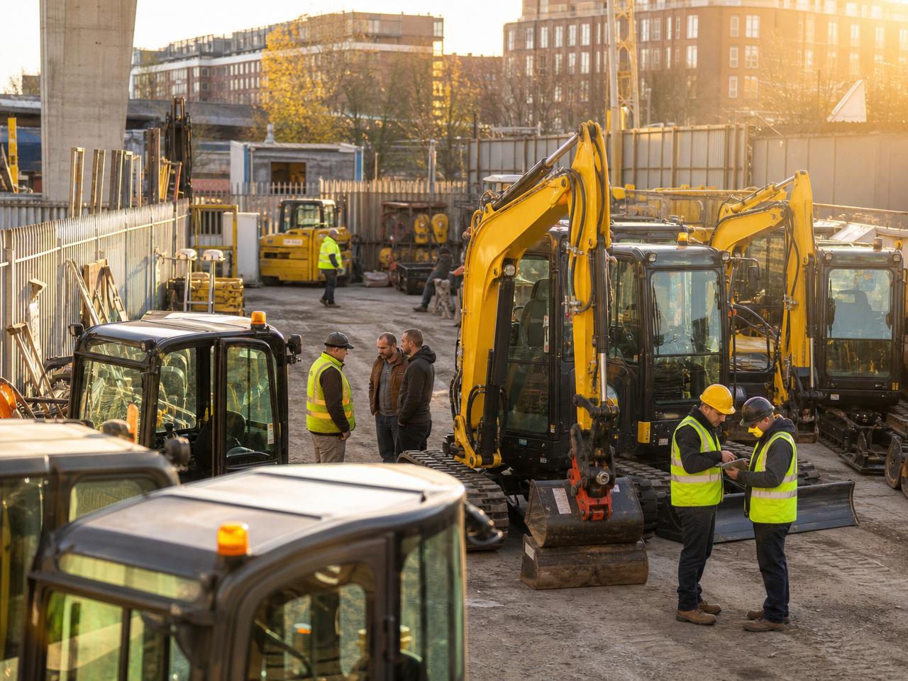 North London Plant Hire depot with delivery vehicles and equipment being loaded
